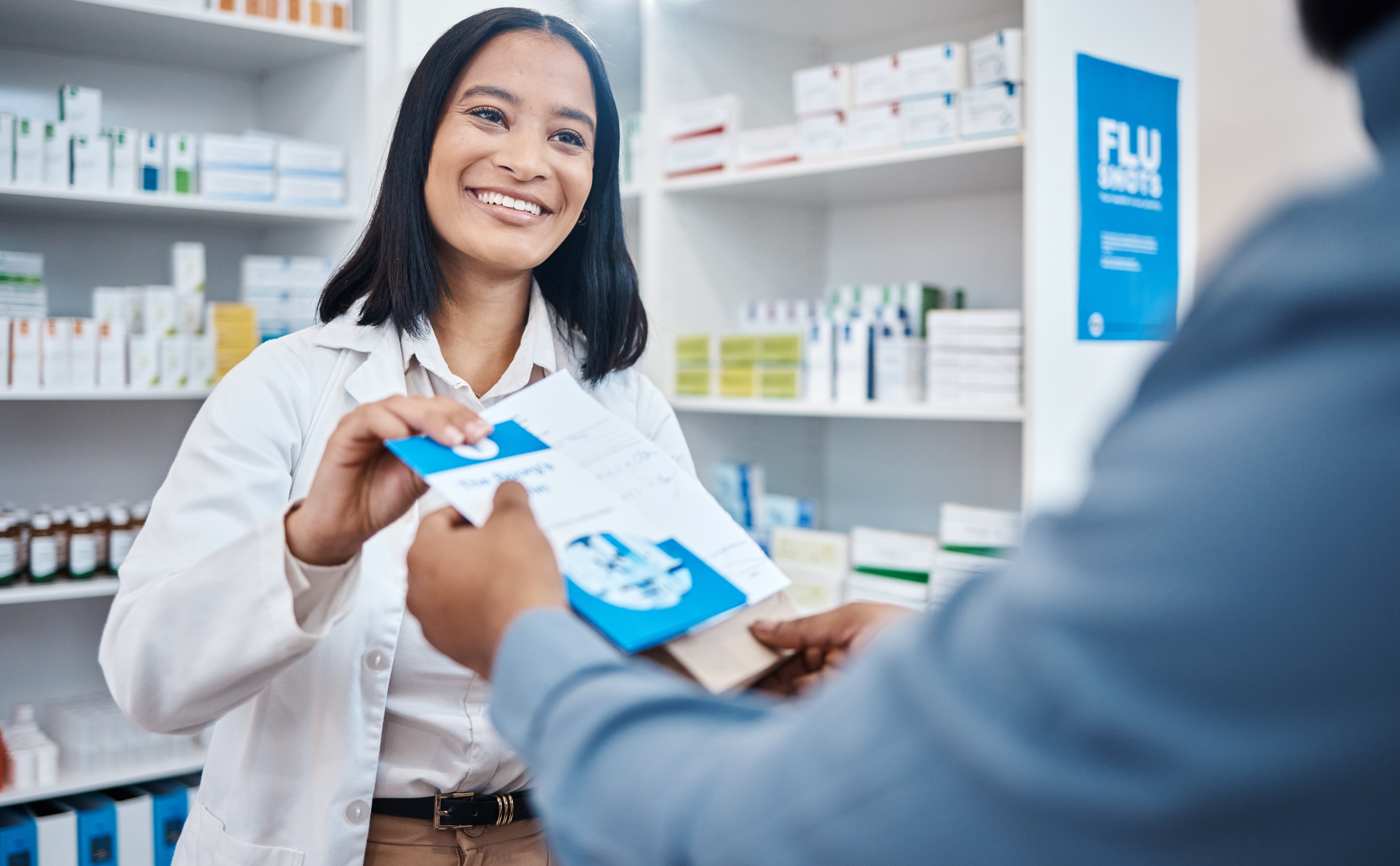 Pharmacy shopping product, pharmacist or customer buying clinic pills, medical pharmaceutical or healthcare medicine. supplements package pamphlet, drugs store client or woman in hospital retail shop